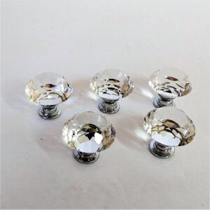 New Five Crystal Glass Knobs 30mm Diamond Shape Clear Glass NIB
